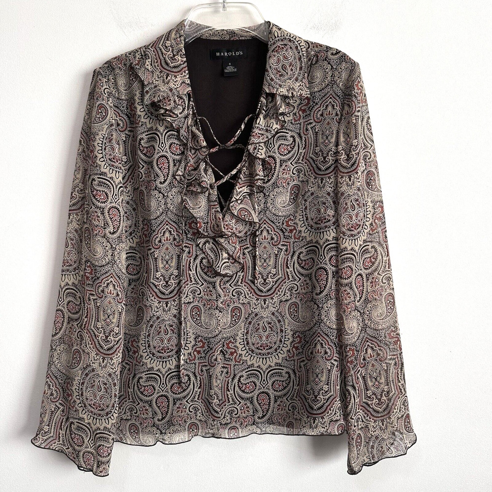Harolds Silk Blouse 6 Paisley Silk Lined Ruffle Lace Up Neckline Vintage Career